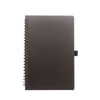 A5 recycled notebook in dark brown, featuring spiral binding and an elastic band closure. Includes branding.