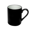 A black coffee mug with a glossy interior and a rounded handle. It features a logo.