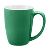 A green coffee mug with a white inner lining and a curved handle, featuring a sleek design and a logo.