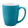 A teal coffee mug with a glossy finish and a white interior, featuring a curved handle.