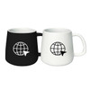 A set of two coffee mugs in black and white featuring a globe design and a visible logo.
