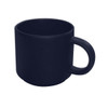A ceramic coffee mug in a deep navy blue with a simple handle and a matte finish. It has a logo on one side.