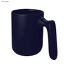 A navy blue coffee mug with a sleek handle and a simple, modern design. It features a branding logo.