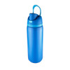 A drink bottle in vibrant blue with a secure lid and sturdy handle. It features a logo on the side.