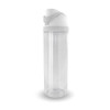 A drink bottle with a clear body and a white lid, featuring a built-in straw and branding.