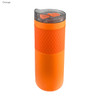 A drink bottle in vibrant orange features a textured grip and a clear lid with a sliding opening. It has a logo.