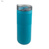 A drink bottle in teal with a textured grip and a clear, twist-on lid. It features a logo on the body.