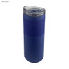 A drink bottle in navy blue with a textured grip and a clear lid. It has a logo on the side.