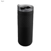 A drink bottle in matte black with a textured grip and a clear lid featuring dual openings. Includes a logo.