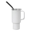 A white mini insulated tumbler with a handle and a stainless steel straw, featuring a logo.