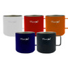 A set of five reusable coffee cups in white, red, orange, navy, and black, each with a handle and a logo.