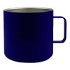 A reusable coffee cup in navy blue stainless steel with a handle and a sleek, modern design.