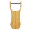A bamboo bottle opener with a stainless steel blade. Features a simple, natural wood design. Includes a logo.