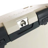 A light cream-coloured cooler box with a black latch and branding on the lid.