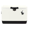 A white and black metal ice cooler box with a secure lid and a bottle opener attachment.