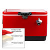 A red metal ice cooler box with a silver latch, featuring an insulated interior and a black base.