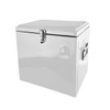 A white metal ice cooler box with a chrome latch and handle, featuring a logo on the side.