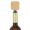 A drink bottle with a bamboo wine stopper opener, featuring a square top and metallic base.