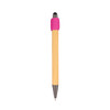 A bamboo stylus pen with a pink cap and silver tip. The pen features a simple, natural design.