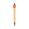 A bamboo stylus pen with an orange top and a silver tip, featuring a simple design and a branding logo.