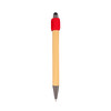 A bamboo stylus pen with a red top and a silver tip, featuring a logo.