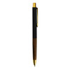 A metal pen featuring a black body and wooden accent, with a gold clip and tip. It includes a logo.
