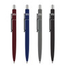 A set of four metal pens in burgundy, blue, grey, and black, each featuring a logo on the barrel.