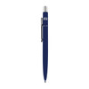 A navy blue metal pen featuring a silver clip and accents, with a branding logo.