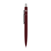 A burgundy metal pen with a silver clip and a logo on the barrel.