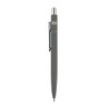 A grey metal pen with a shiny silver clip and branding on the barrel.