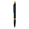A black metal pen with a bamboo accent and a silver clip. The pen features a logo on its body.