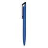 A blue metal pen with a black clip, featuring a simple design and a logo.
