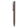 A metal pen in a sleek brown design with a black clip, featuring a logo on the barrel.