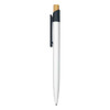 A minimalist plastic pen with a white barrel, black clip, and a wooden top. Contains a logo on the side.