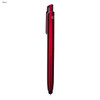 A sleek red stylus pen with a glossy finish and a clip, featuring a logo on the side.