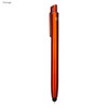 An orange stylus pen with a sleek design and a clip, featuring a logo.