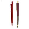 A set of two metal pens with a deep red finish and one featuring a wooden accent. A logo is visible.