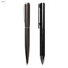 A sleek black metal pen gift set featuring two pens with different designs. Each pen has a clip and a logo.