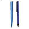 A blue metal pen gift set featuring two pens with sleek designs and a logo on one.