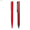 A red metal pen gift set featuring a sleek dispenser pen and a textured metal pen, both with a logo.