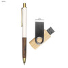 A wooden USB drive and a white pen with a wooden accent, featuring a logo.