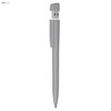 A grey pen with a built-in USB drive, featuring a sleek design and a push-button mechanism.