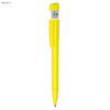 A yellow pen with a USB flash drive cap, featuring a sleek design and a logo.
