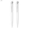 A set of two white pens with silver accents, featuring a sleek design and a branded logo.