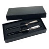 A black metal pen gift set featuring two pens, presented in a sleek black box with a textured finish.