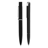 A black pen set features two sleek pens, one with a shiny clip and the other with a matte finish. Both have branding.