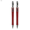 A set of two red metal pens with shiny silver accents and clips, featuring a sleek design.