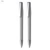 A gift set featuring two grey metallic pens with sleek silver accents and a branding logo.