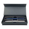 A gift box containing two metal pens, one silver and one blue, in a padded interior.