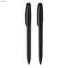 Two black plastic pens displayed side by side, featuring a sleek design and a logo.